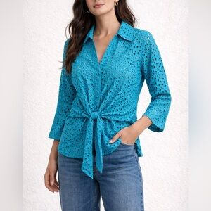 Mishca Turquoise Eyelet Tie Front Blouse Cotton Collared Top Size S